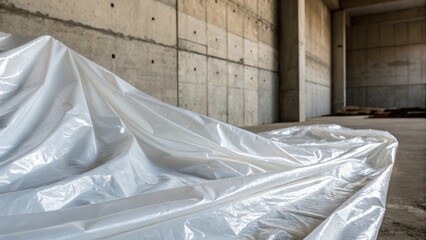 An intimate shot focusing on the texture of the sheeting with a backdrop of rough unfinished concrete where the delicate folds of the plastic mimic waves symbolizing the transition