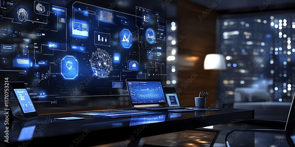 Poster modern tech workspace: blue data visualization on sleek desk
