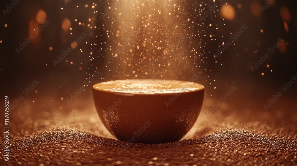 Poster enchanting golden bowl surrounded by shimmering particles in a serene setting during twilight hours.