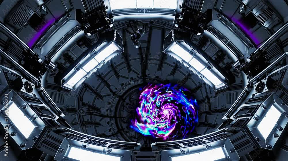 Poster vibrant energy swirl inside a futuristic technological chamber in a sci-fi setting