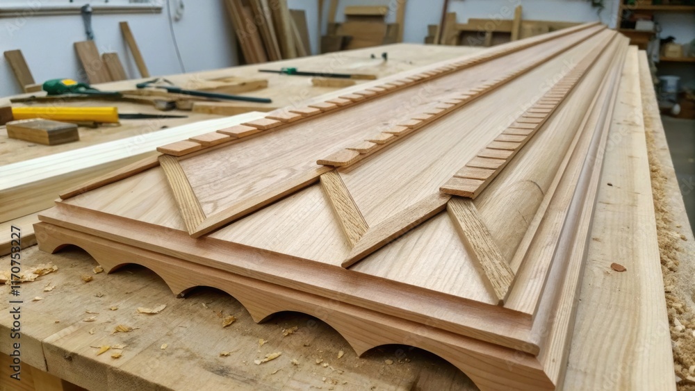 Poster An intricate arrangement of wooden soffit boards showcasing the tapered edges and joint details that will ultimately fit together seamlessly. The juxtaposition of various board