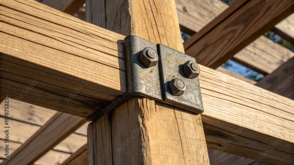 Poster an intimate view of a wood joint made sy with a heavyduty metal connector capturing the rawness of t