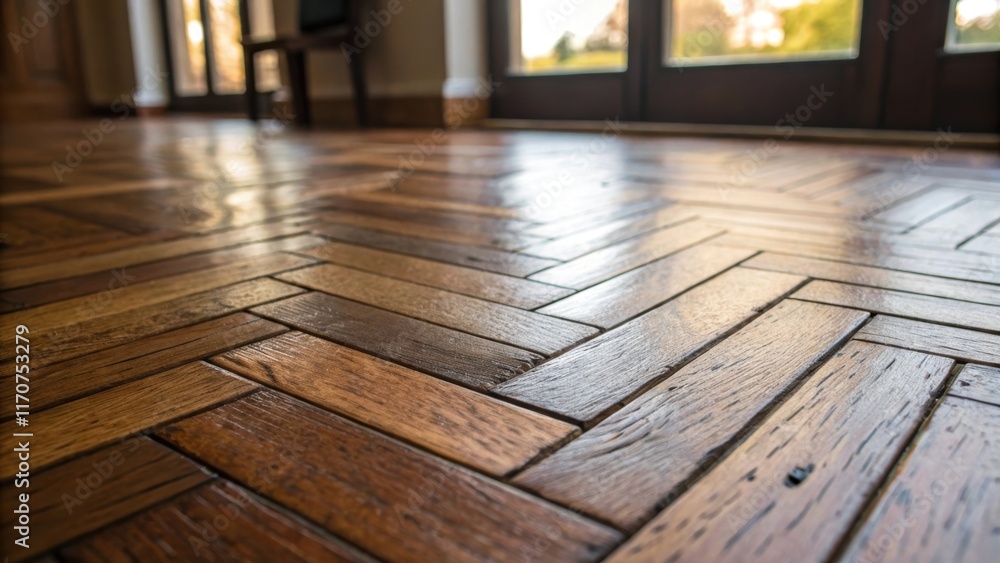 Aufkleber An intimate view of a single plank within the herringbone arrangement focusing on its detailed texture and rich color variations. The subtle gleam from a nearby window accentuates