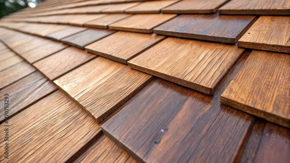 Aufkleber An intricate closeup of the edges of the wood shingles highlighting the precise s and angles that ensure an efficient fit. The surface glistens with a fresh coat of weatherproofing