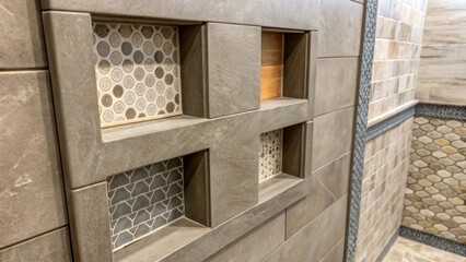 Obraz premium An intricate closeup reveals a cement board section integrated with accessible niches for shower supplies emphasizing both design and practicality. The contrasting textures of the