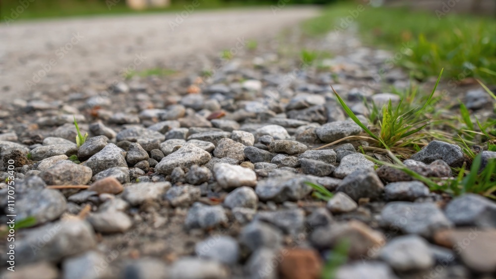 Aufkleber An intricate shot that focuses on the texture of the aggregate with individual stones appearing sharply defined against a background of lightly compacted earth. Tiny bits of gravel