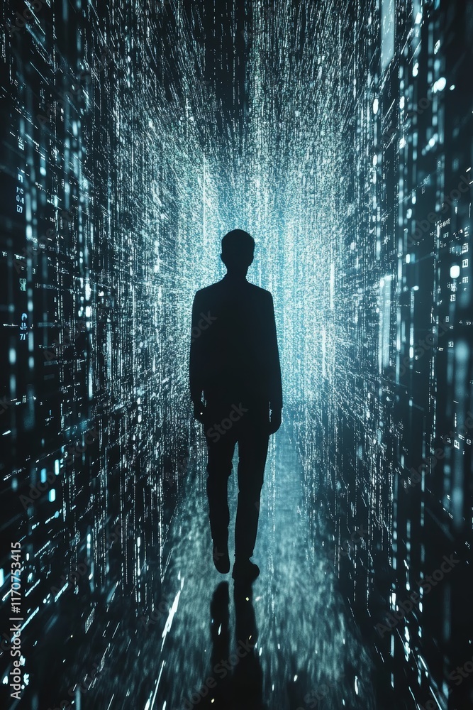 Aufkleber silhouette of a person surrounded by floating data in a digital environment