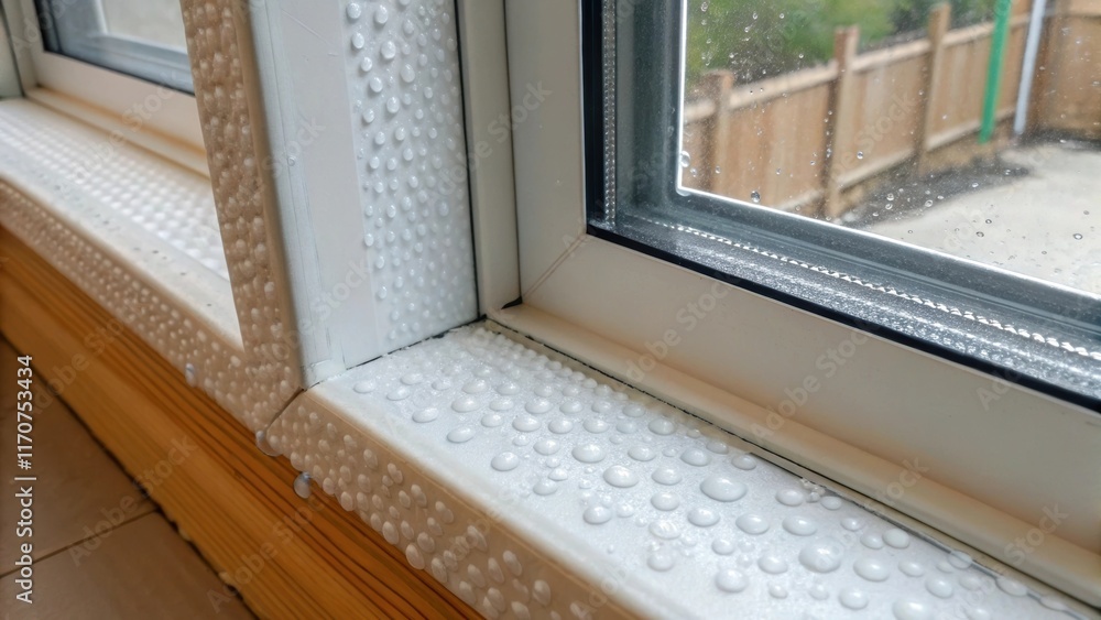 Poster An intricate view of a window corner where freshly applied sealing tape meets the glass. The tapes edges are neatly pressed with small bubbles forming underneath hinting at the