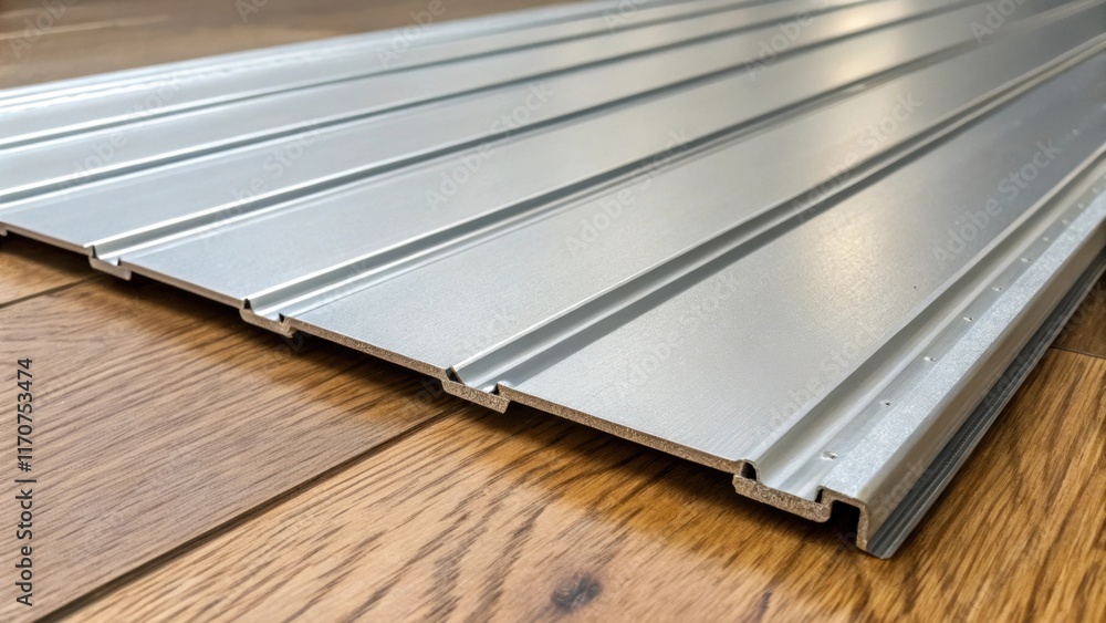 Poster An intricate view of the edges of aluminum soffit panels highlighting the precision engineering of each piece as they rest atop a smooth wooden floor with shadows dancing along the