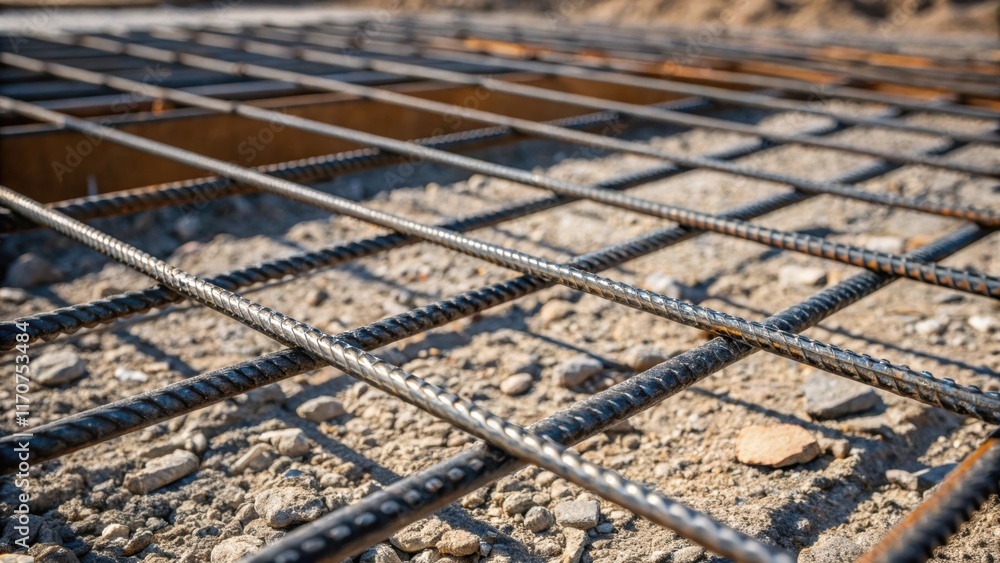 Poster An intricate view of the steel rebar skeleton set before the concrete pour highlighting the precise weave of the bars. The sharp edges of the rebar contrast against the rugged
