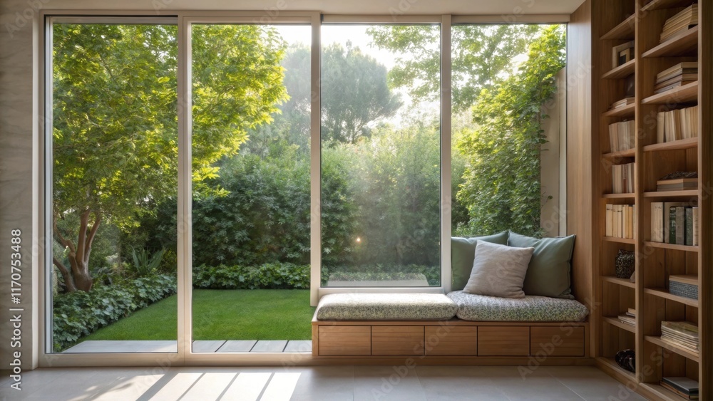 Poster An outdoor view captured through frosted glass panels filtering the sunlight and creating a dreamy effect. The verdant greenery outside appears softened while just beyond the
