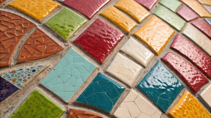An intricate mosaic of colorful tile panels each piece exhibiting unique textures and vibrant shades. The closeup captures the glossy and matte surfaces creating a playful