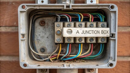 An intricate view of a junction box featuring weathered corners and aged screws with the wires inside surprisingly wellorganized. The labels slightly worn but legible hang gently
