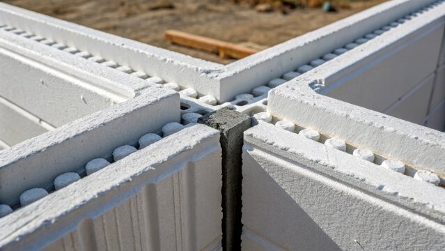 An intricate view highlighting the junction where two insulated concrete forms meet with a focus on the interlocking design. The image captures the foam ridges and grooves