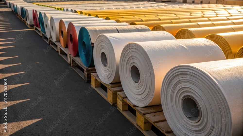 Aufkleber An overhead closeup perspective captures multiple insulation rolls aligned symmetrically on pallets. The scene is bathed in soft diffused sunlight enhancing the colors of the rolls