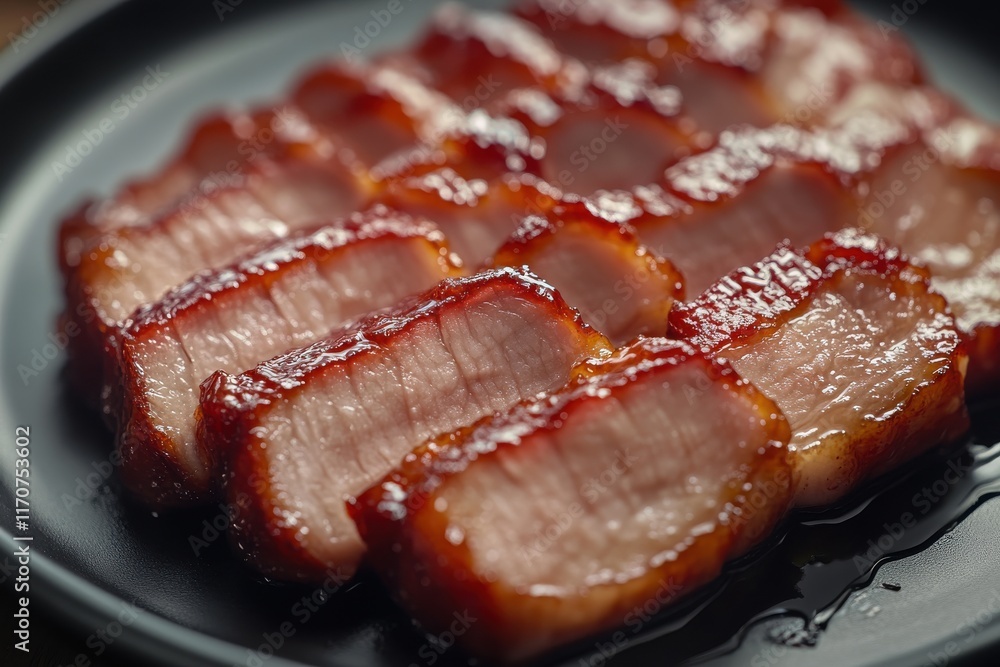 Canvas Prints Delicious slices of perfectly glazed Chinese barbecue pork on a black plate, showcasing a rich, appetizing color.