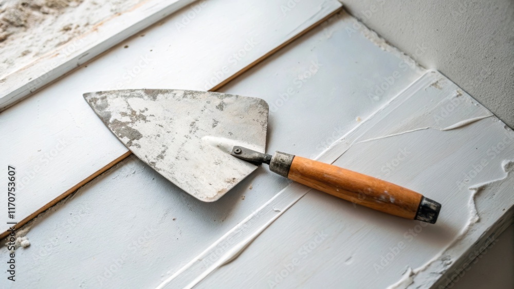 Poster An overhead shot captures a trowel poised above a section of bright white drywall ready for application of joint compound. The trowels curved surface is dotted with remnants of the