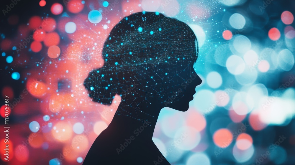 Poster silhouette of a person in a digital environment with abstract light bokeh