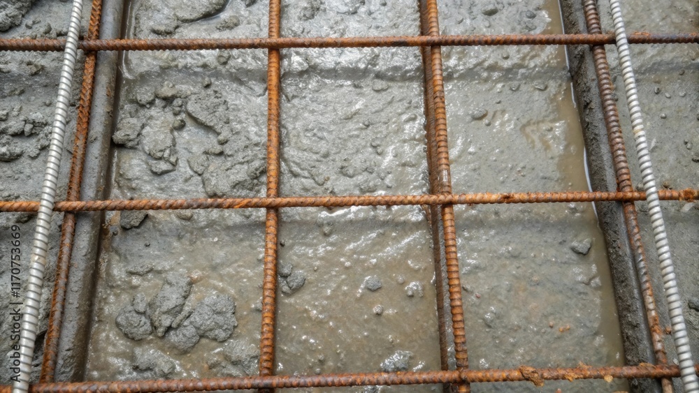 Aufkleber an overhead shot focusing on the texture of the damp concrete filling the molds mixed with glistenin