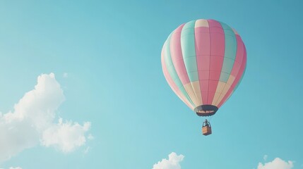Naklejka premium Pastel Pink and Teal Hot Air Balloon Soaring in a Clear Blue Sky with Fluffy White Clouds - Perfect for Travel, Adventure, and Freedom Concepts