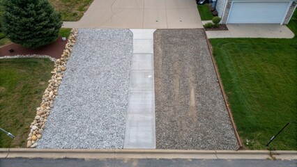 Fototapeta premium An overhead perspective showcases the transformative process piles of loose gravel beside a newly compacted driveway illustrating the transition from raw material to finished