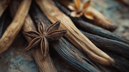 close up of vanilla pods, cinnamon sticks, and star anise