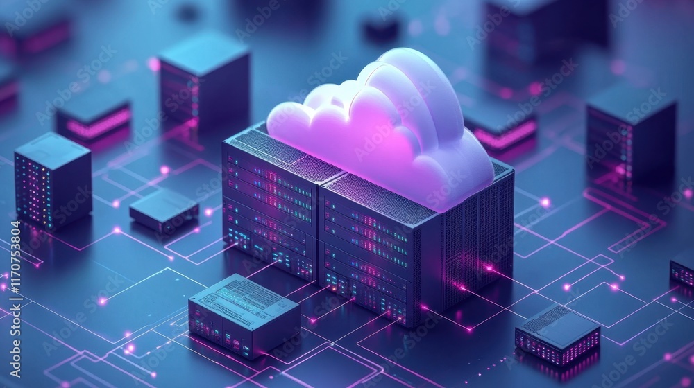 Aufkleber modern data storage architecture featuring a vibrant cloud above assorted server units in a digital 