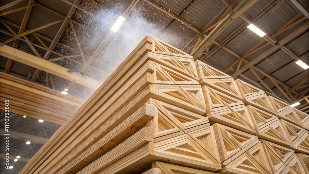Poster An overhead shot of the crosslaminated timber sheets revealing their intricate layered composition. The symmetrical patterns of the wood grains form an abstract design while dust