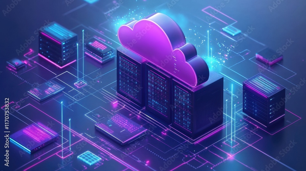 Poster innovative cloud computing design showcasing vibrant colors and dynamic elements in a futuristic dig