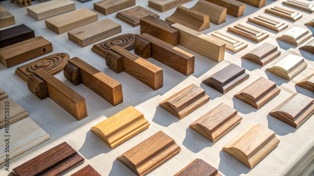Poster An overhead shot showcasing a variety of wooden brackets in different sizes and shapes neatly organized in a grid pattern on a lightcolored surface. Natural sunlight pours in
