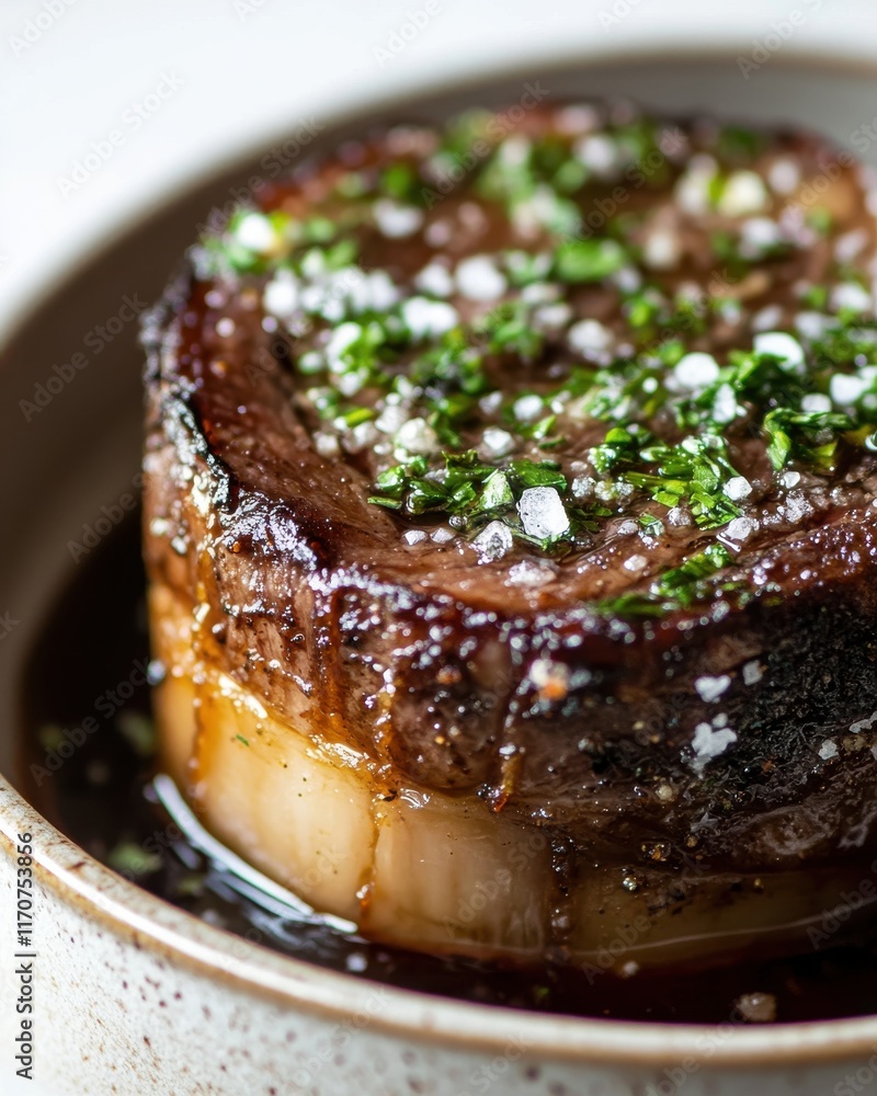 Poster Juicy grilled beef steak topped with herbs and sea salt, showcasing a rich flavor profile.