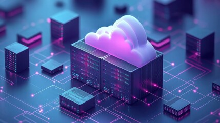 Modern data storage architecture featuring a vibrant cloud above assorted server units in a digital landscape. Generative AI