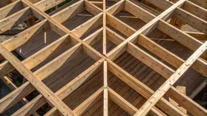 An overhead shot of timber joists laid out in geometric patterns revealing a meticulous arrangement that hints at the structural integrity of the upcoming floor with shadows