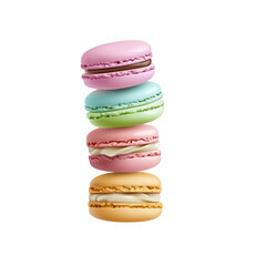 A stack of colorful macarons featuring pink, green, yellow, and blue hues, Isolated on white background