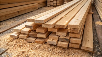 An overhead view of a beautifully stacked pile of wooden planks each varying in width and length with a soft dusting of sawdust accumulating at the base conveying a sense of