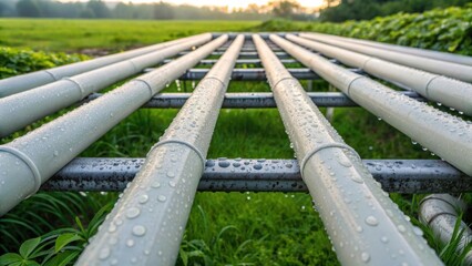 An overhead view of interconnected drainage pipes arranged in a neat grid with droplets of water glistening on their surfaces. The setting features a green landscape emphasizing