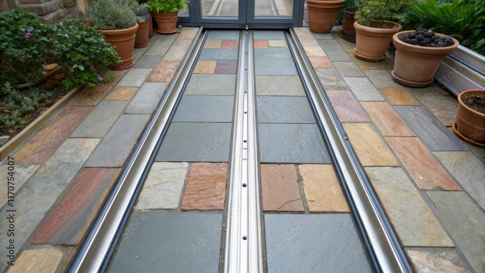 Poster An overhead view of the sliding glass door tracks emphasizing their smooth surface and precise alignment. The patio floor below is adorned with multicolored stone tiles that create