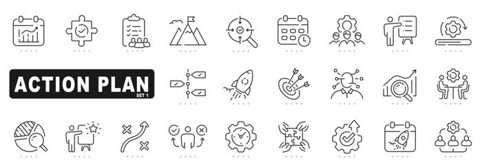 Set of action plan related line icons. Strategy, project, process etc. Editable stroke. © tutti_frutti