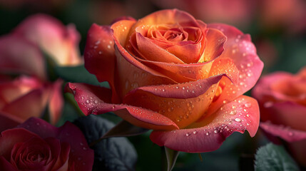 A close-up view of a beautiful rose with glistening water droplets, showcasing its vibrant colors and delicate petals against a dark background