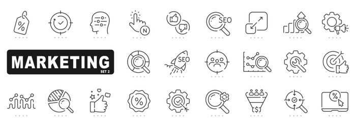 Set of soft digital marketing line icons. Advertising, strategy, seo etc. Editable stroke. Set 2