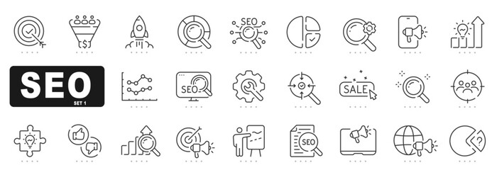 Set of seo related line icons. Search, marketing, research, optimize etc. Editable stroke. Set 2