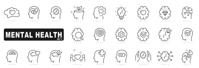 Set of mental health related line icons. Stress, mind, head etc. Editable stroke. Set 3