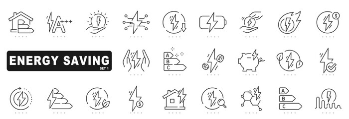 Set of energy saving related line icons. Efficient, green, power etc. Editable stroke.