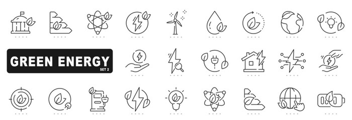 Set of green energy related line icons. Eco, ecology, leaf, earth etc. Editable stroke. Set 2