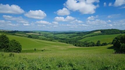 Fototapeta premium Panoramic View of Rolling Green Hills and Lush Meadows Under a Bright Blue Sky with Fluffy White Clouds - Idyllic English Countryside Landscape
