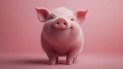 Happy pink pig standing confidently against a soft pink background radiating charm and joy in a whimsical setting. Generative AI