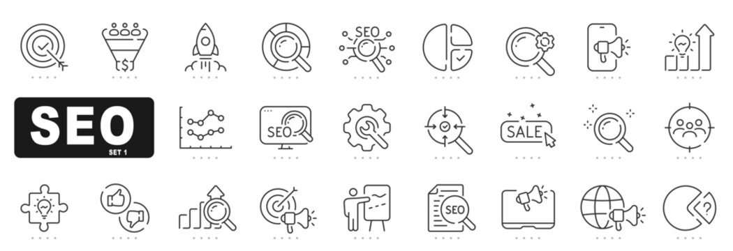Set of seo related line icons. Search, marketing, research, optimize etc. Editable stroke. Set 2