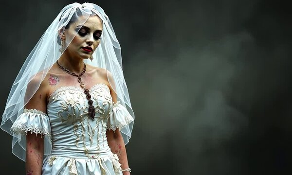 Halloween killer in a tattered bride's gown with their face hidden by a veil, showcasing horror and eerie artistic design