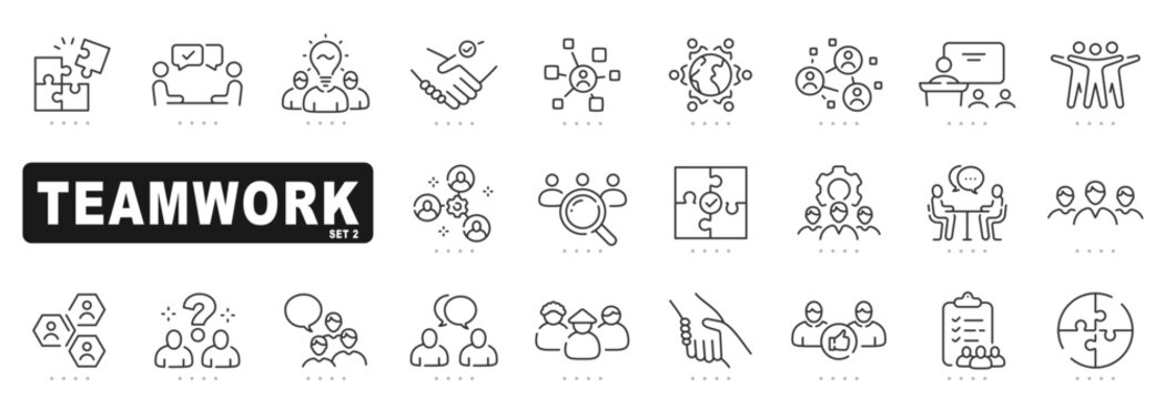 Set of teamwork related line icons. Together, partnership, cooperation etc. Editable stroke. Set 2