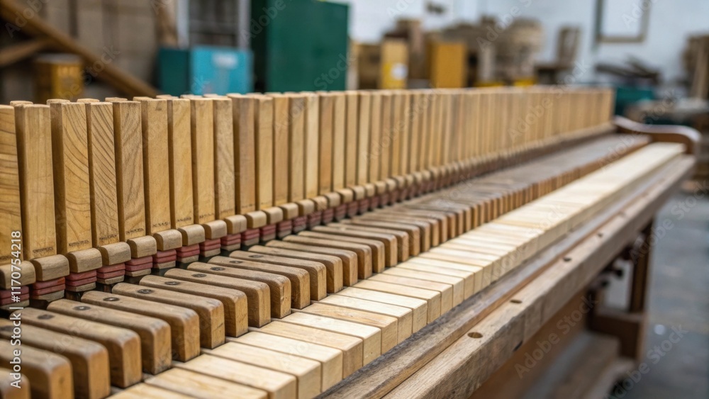Aufkleber A pandemic of light cascading over a meticulously organized row of wooden shims their variations in shade creating a visual rhythm. The background fades into muted colors of a